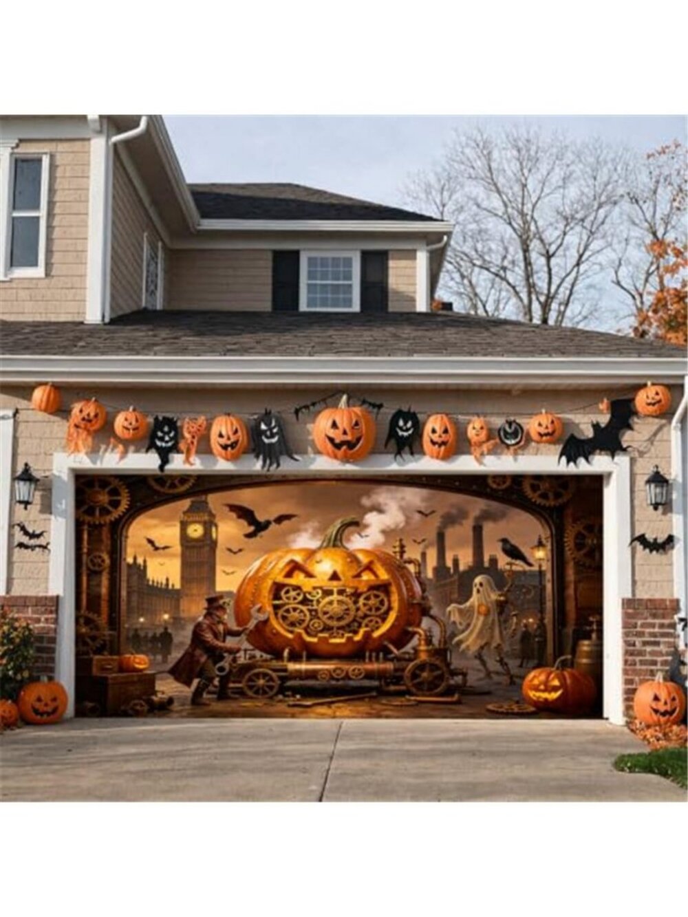 Halloween Garage Door Cover Decorations 13x6 Ft, Steampunk Mechanical Pumpkin
